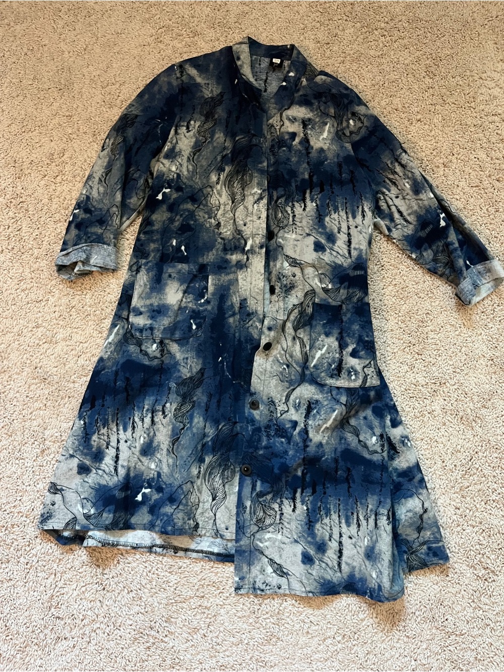 Hand-Painted Style Navy and Gray Button-Front Long Coat